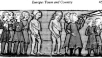 Castigo por adulterio. Los amantes son guiados por la calle atados entre sí. De un manuscrito de 1396 de Toulouse, Francia.